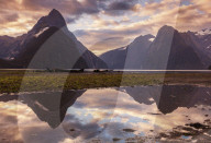 Mitre peak and Lion Peak sunset reflections, Milford Sound, Fiordland National Park, Southland, South Island, New Zealand, NZ