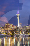 Viaduct harbour waterfront area and Auckland Marina at night, Auckland skyline, sky tower, Auckland, North Island, New Zealand