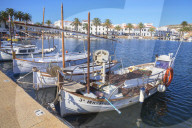 Village view with port, Fornells, Minorca, Balearic Islands, Spain