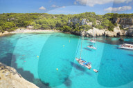 View of Cala Macarella and sailboats, Menorca; Balearic Islands; Spain; Europe