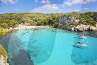 View of Cala Macarella and sailboats, Menorca; Balearic Islands; Spain; Europe