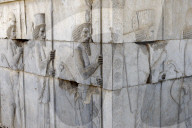 Depiction of united Medes and Persians. The monumental stairs of the Apadana. Persepolis. Iran.