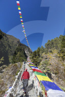 Asia Nepal Khumbu valley Sagamartha National Park Unesco, porter crossing a suspension bridge decorated in Tibetan prayer flags