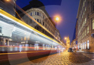 Europe, Czech Republic, Prague, Old Town, city tram lights heading towards The Powder Tower