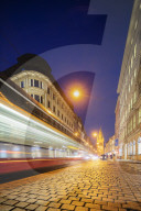 Europe, Czech Republic, Prague, Old Town, city tram lights heading towards The Powder Tower