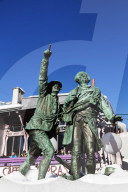 Europe, France, Haute Savoie, Rhone Alps, Chamonix, statue of Balmat Saussure pointing at Mont Blanc
