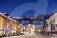 Europe, France, Haute Savoie, Rhone Alps, Chamonix, Christmas market decorations with backdrop of Mont Blanc mountain range