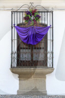 Window decorated for Easter, Antigua City, Guatemala, Central America
