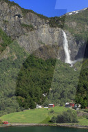 Farm & waterfall, Lustrafjorden, Sogn og Fjordane County, Norway