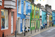 Brightly painted shop facades, Dingle, Dingle Peninsula, Wild Atlantic Way, County Kerry, Republic of Ireland, Eire, Europe