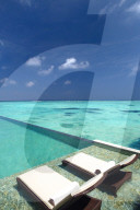 lounge chairs on infinity pool and tropical beach