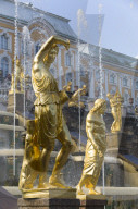 Statue of Jupiter (foreground, left), Great Cascade (background), Peterhof, UNESCO World Heritage Site, Russia