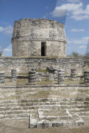 Chac Complex (foreground), Observatory (background), Mayan Ruins, Mayapan Archaeological Site, Yucatan, Mexico