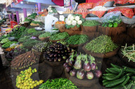 Vegetable stall with a variety of fresh vegetables for sale in the main city vegetable market in Bhuj, Gujarat