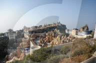 View of some of the 863 beautiful carved marble holy Jain temples on the top of Shatrunjaya hill, Palitana, Gujarat