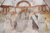 Vault de Lugny church. 16th century wall painting. Christ in his passion. the Last Supper shared by Jesus and his disciples.