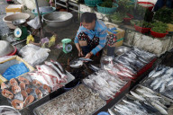 Kon Tum market. Woman selling fish. Vietnam.
