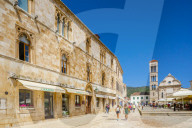 Cathedral of St. Stephen, Shops and Restaurants in Hvar Town, Hvar, Croatia, Europe