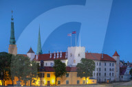 Riga Castle and Skyline at Dusk, Old Town, Riga, Latvia, Northern Europe,