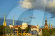 Riga Cathedral, St Peter's Church, St Saviour's Anglican Church and Riga Castle in Old Town at Dusk, Riga, Latvia, North Europe,