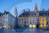 The Grand Place and Lille Chamber of Commerce Belfry at Dusk, Lille, France,