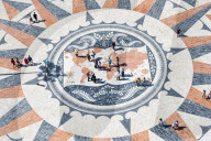 Pavement on the Tagus riverbank in front of the Padrao dos Descobrimentos, Compass rose and world map, Belem, Lisbon, Portugal