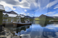 Fishing boat, hotel, mountain and fjord scenery, Siglufjordur, (Siglufjorour), stunning Summer weather, North Iceland, Europe