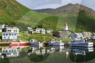 Town, mountains and fishing boats, Siglufjordur, (Siglufjorour), stunning Summer weather, North Iceland, Europe