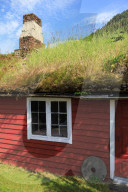 Turf roof, wooden red cottage, Haereid mountain plateau, sunny day, beautiful Eidfjord, Norwegian Western Fjords, Norway, Europe