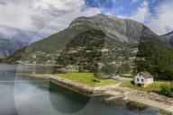 Beautiful Eidfjord village, elevated view, sunny day, off Hardangerfjord, Norwegian Western Fjords, Norway, Europe
