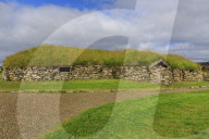 Replica Viking longhouse, turf roof, Haroldswick, Island of Unst, Shetland Isles, Scotland, United Kingdom, Europe