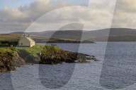 Crofthouse and coastal views, Reawick, West Mainland, Shetland Isles, Scotland, United Kingdom