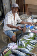 Indonesia, Seram, Masohi, a man selling fish in the local city market