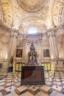 Details of architecture and sacred art of the interior dome of the Roman Catholic cathedral, Seville, Andalusia, Spain