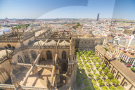 Overview of Seville Cathedral and Patio De Los Naranjos from the Giralda bell tower, Seville, Andalusia, Spain
