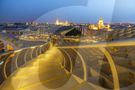 Illuminated spiral shape walkways on rooftop of the Metropol Parasol, Plaza de la Encarnacion, Seville, Andalusia, Spain