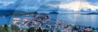 Panoramic of Alesund and ocean from Aksla mountain at night, More og Romsdal county, Norway