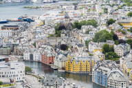 Elevated view of colorful Art Nouveau styled houses along Brosundet canal, Alesund, More og Romsdal county, Norway
