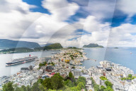 Overview of Alesund and ocean from Byrampen lookout, Aksla, More og Romsdal county, Norway