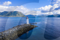 Aerial view of Hogsteinen Lighthouse, Godoya Island, Alesund, More og Romsdal County, Norway (drone)