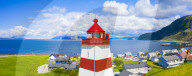 Aerial panoramic of high section of Alnes Lighthouse, Godoya Island, Alesund, More og Romsdal County, Norway (drone)