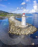 Front view of Hogsteinen Lighthouse, aerial view, Godoya Island, Alesund, More og Romsdal County, Norway (drone)