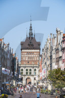 Hanseatic league houses in the pedestrian zone with the main gate of Gdansk. Poland
