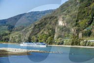 Cruise ship passing the castle Spitz on the Danuba, Wachau, Austria