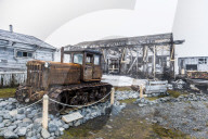 Historical caterpillar in the meteorological station Sedov in Tikhaya bay on Hooker island, Franz Josef Land archipelago, Russia
