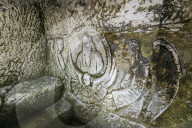 Wall carving in the Rock Monastery St. Dimitar Basarbovski dating from the 12th century, UNESCO World Heritage Site, Ivanavo, Bulgaria, Europe