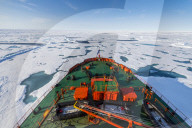 Bow of the Icebreaker '50 years of victory' on its way to the North Pole, Arctic
