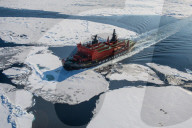 Aerial of the Icebreaker '50 years of victory' on its way to the North Pole, Arctic