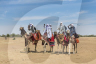 Colourful camel riders at a trribal festival, Sahel, Chad, Africa