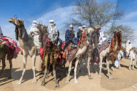 Colourful camel riders at a Trribal festival, Sahel, Chad, Africa